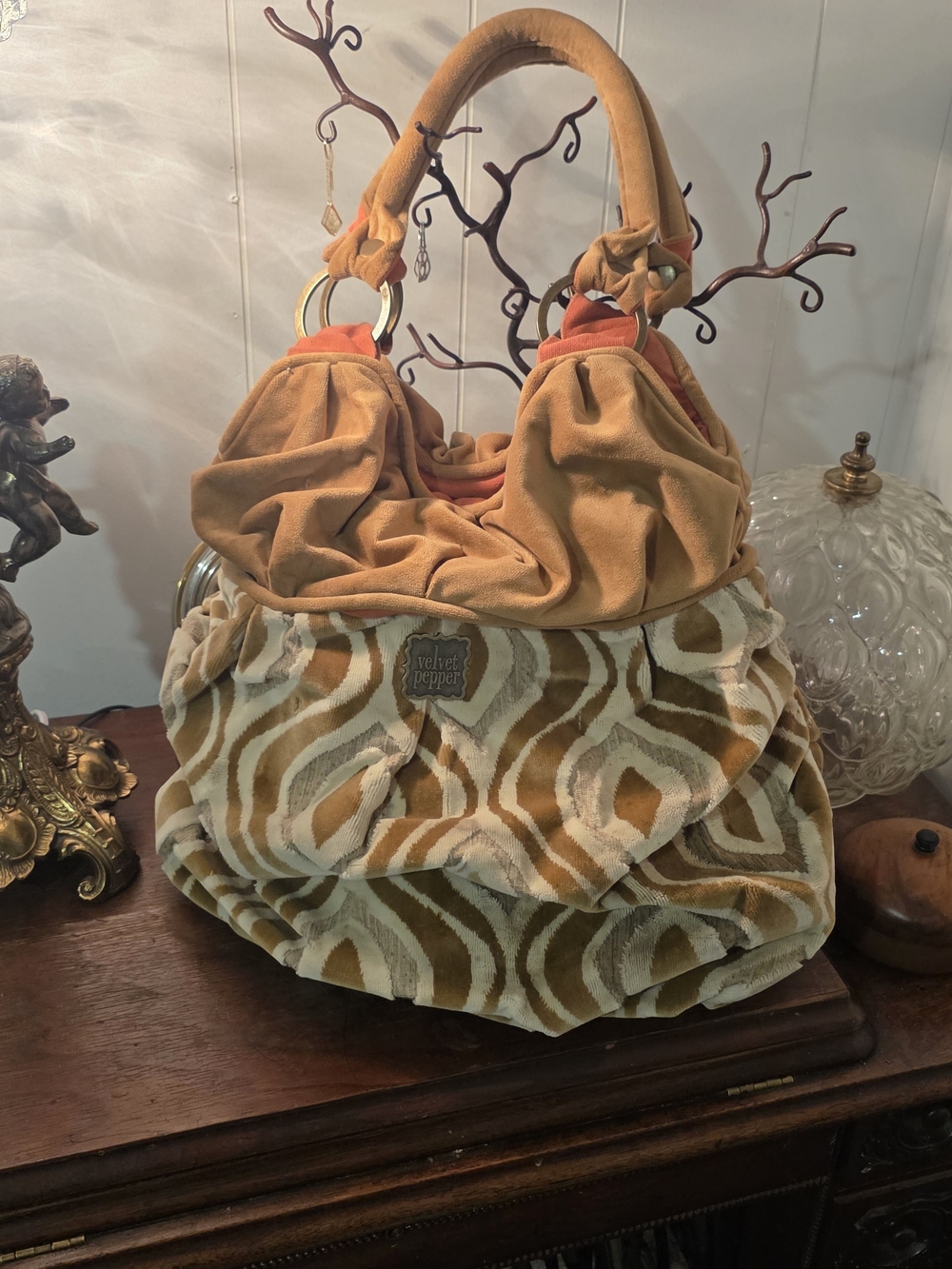 Absolutely Stunning Velvet Pepper Hobo Bag in Beige and Cream Velvet.